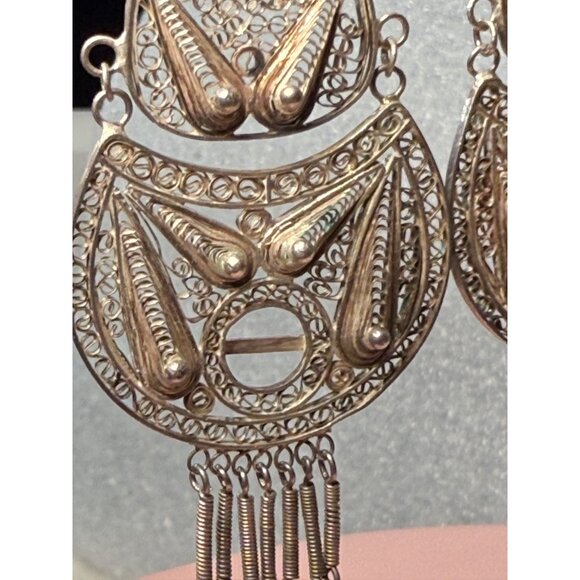 Vintage Handmade Silver Filigree Dangle Earrings With Intricate Swirl Design & D - Picture 10 of 11